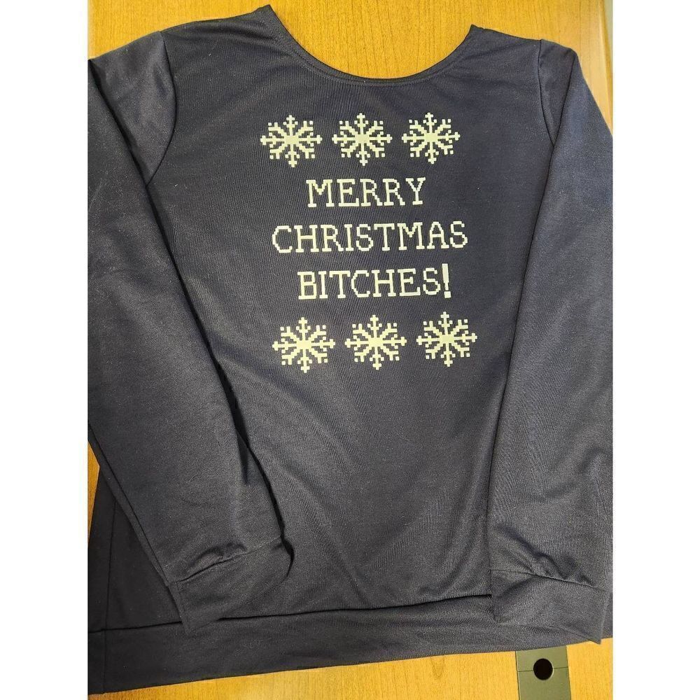 NWOT Mery Christmas Bi$$hes NAVY Ling sleeved top. *Fits like XL*